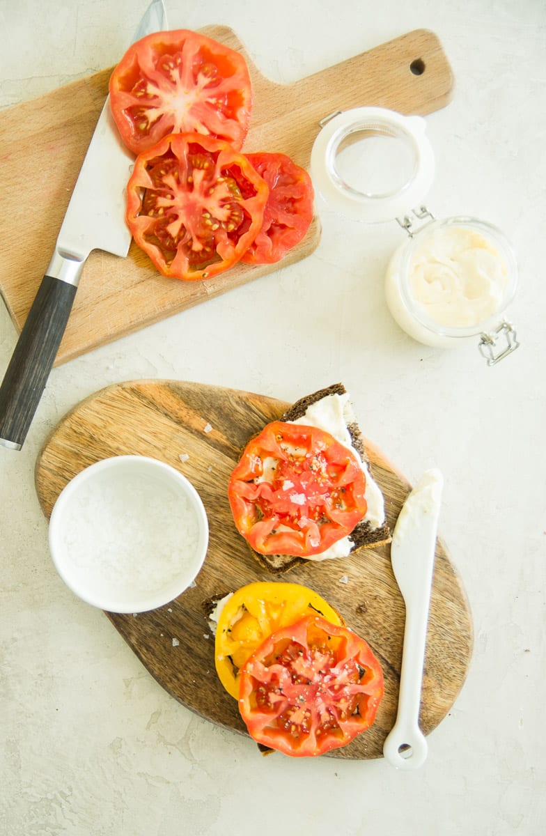 open faced heirloom tomato and lemon horseradish mayo sandwiches | sarcastic cooking 