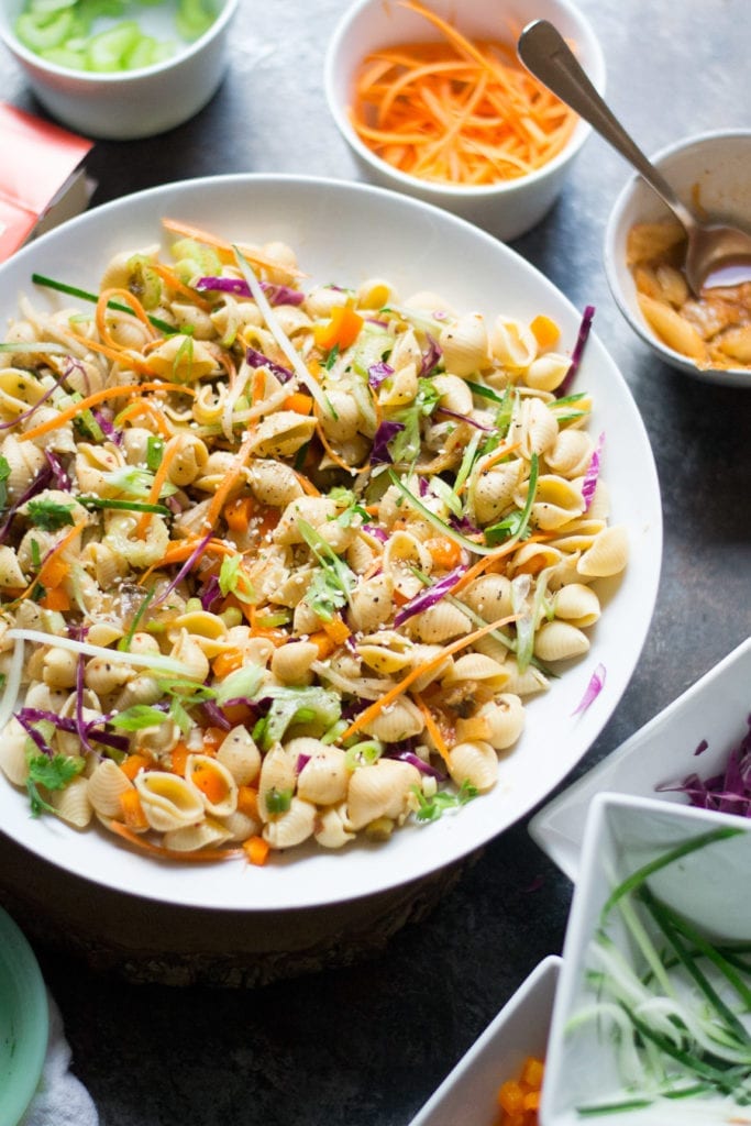 Asian Kimchi Pasta Salad (vegetarian and gluten free) | Sarcastic Cooking